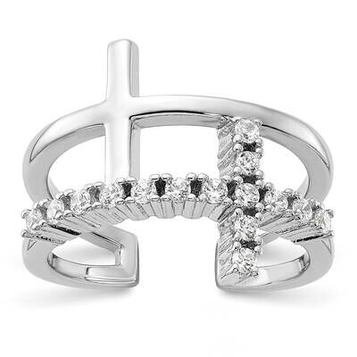 Double Cross CZ Open Back Ring Sterling Silver Rhodium-Plated QR7487, MPN: QR7487,