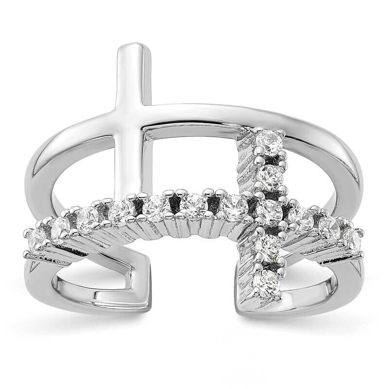 Double Cross CZ Open Back Ring Sterling Silver Rhodium-Plated QR7487