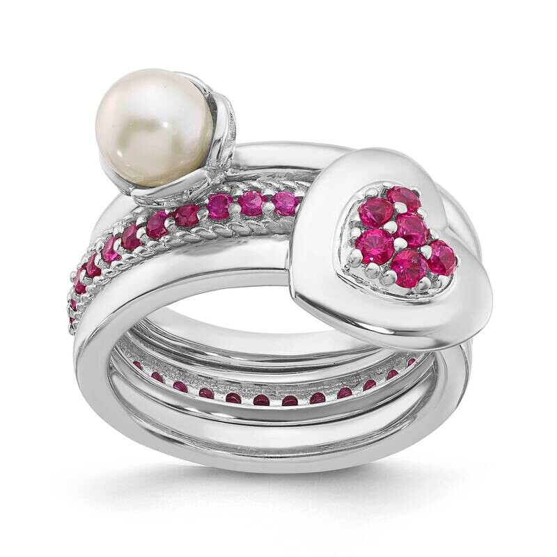 Stack Exp. Fw Cultured Pearl & Created Ruby Ring Set Sterling Silver QSKSET438