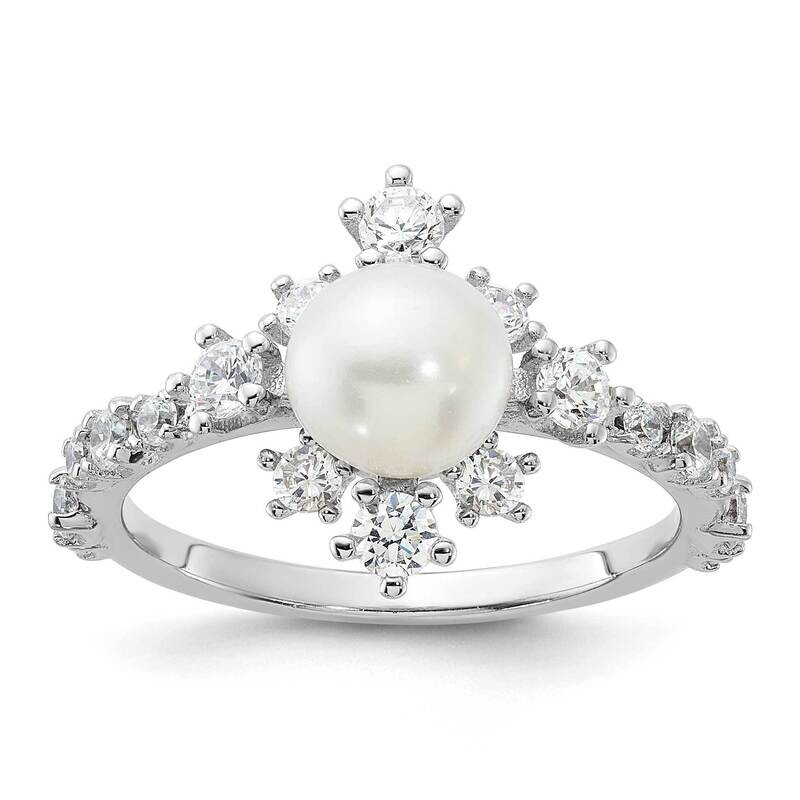 6-7mm White Fwc Pearl CZ Ring Sterling Silver Rhodium-Plated QR7596