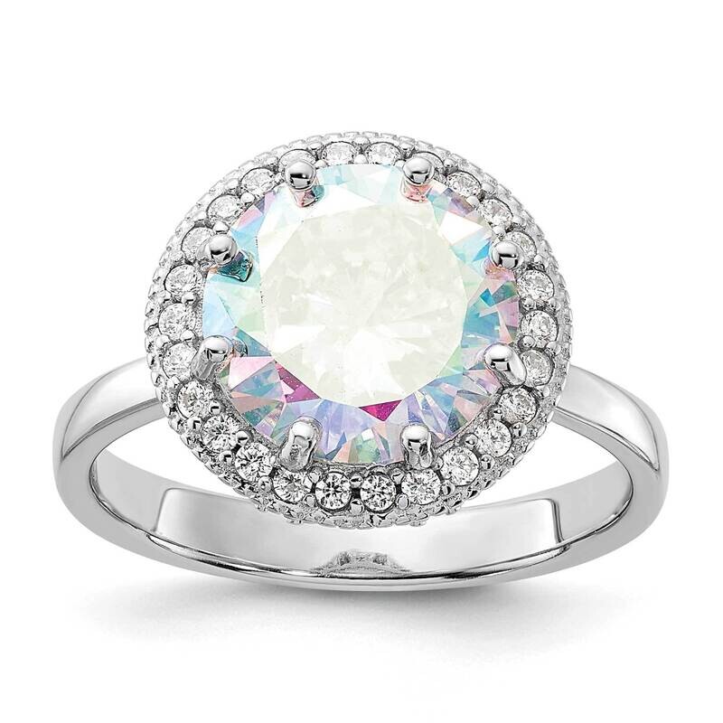 Clear Iridescent CZ Rnd Halo Ring Sterling Silver Rhodium-Plated QR7573