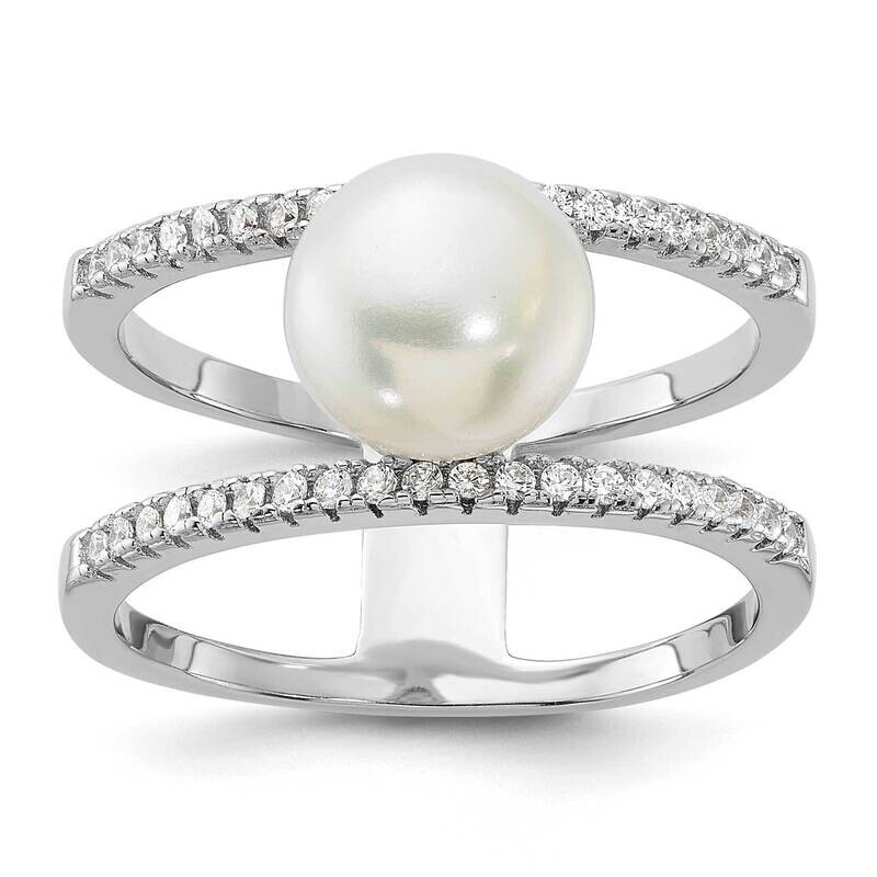 8-9mm White Fwc Pearl CZ Ring Sterling Silver Rhodium-Plated QR7607