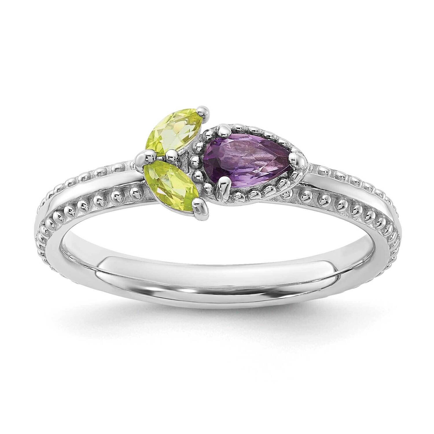 Stackable Expressions Rhodium-Plated Textured Amethyst Peridot Flower Ring Sterling Silver QSK2241