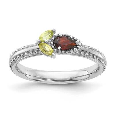 Stackable Expressions Rhodium-Plated Textured Garnet Peridot Flower Ring Sterling Silver QSK2240, M…