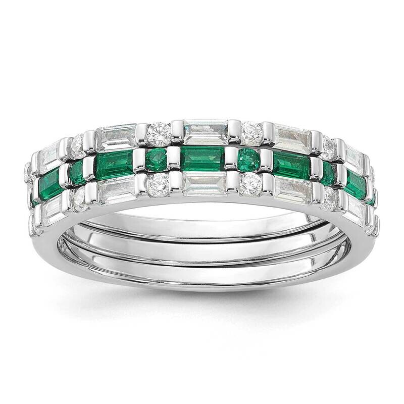 Green White CZ 3 Ring Set Sterling Silver Rhodium-Plated QR7620