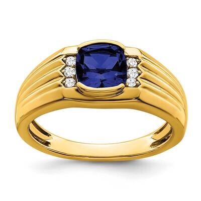 Cushion Created Sapphire Diamond Mens Ring 14k Gold RM7466-CSA-010-YA, MPN: RM7466-CSA-010-YA,