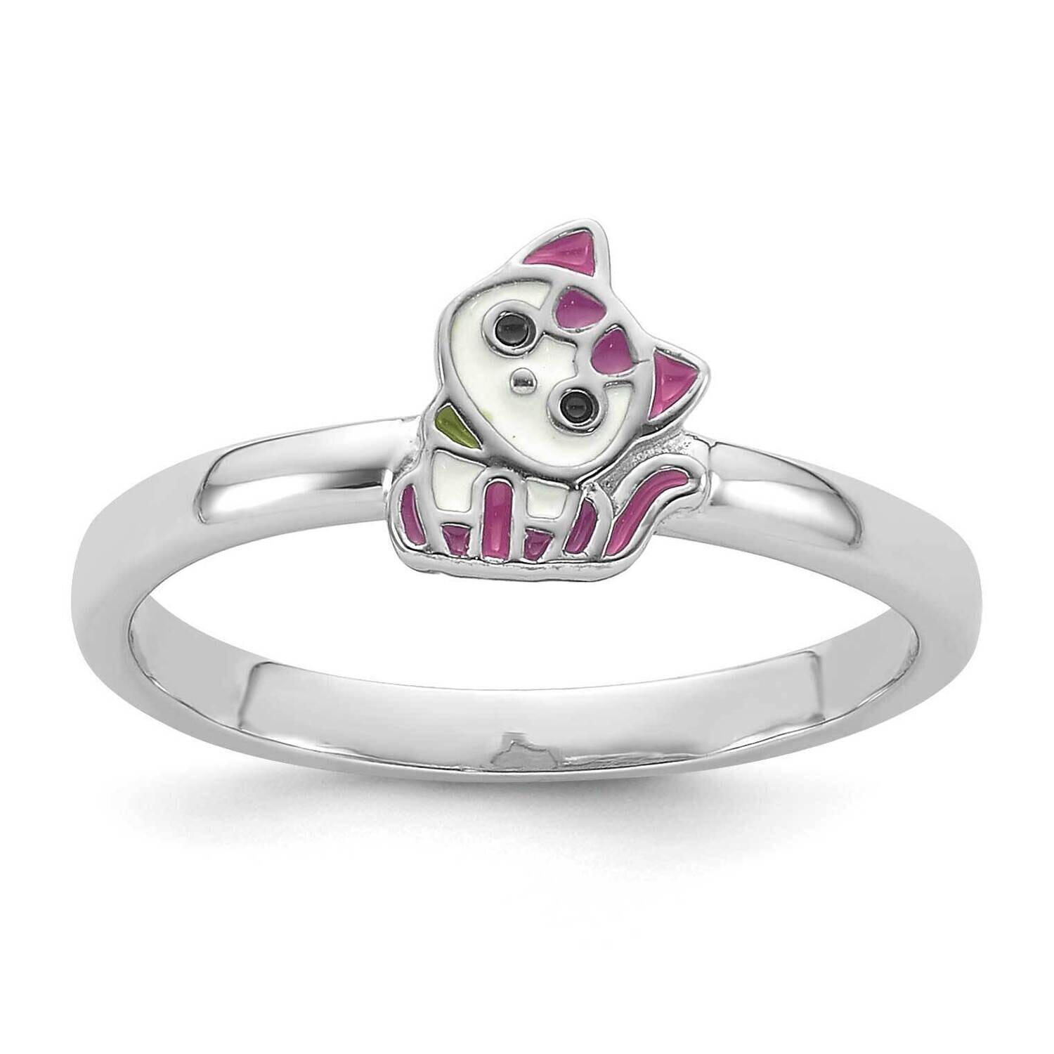Multi-Color Enameled Cat Children&#39;s Ring Sterling Silver Rhodium-Plated QR7433