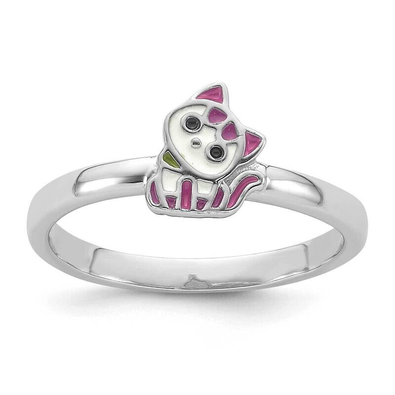 Multi-Color Enameled Cat Children's Ring Sterling Silver Rhodium-Plated QR7433