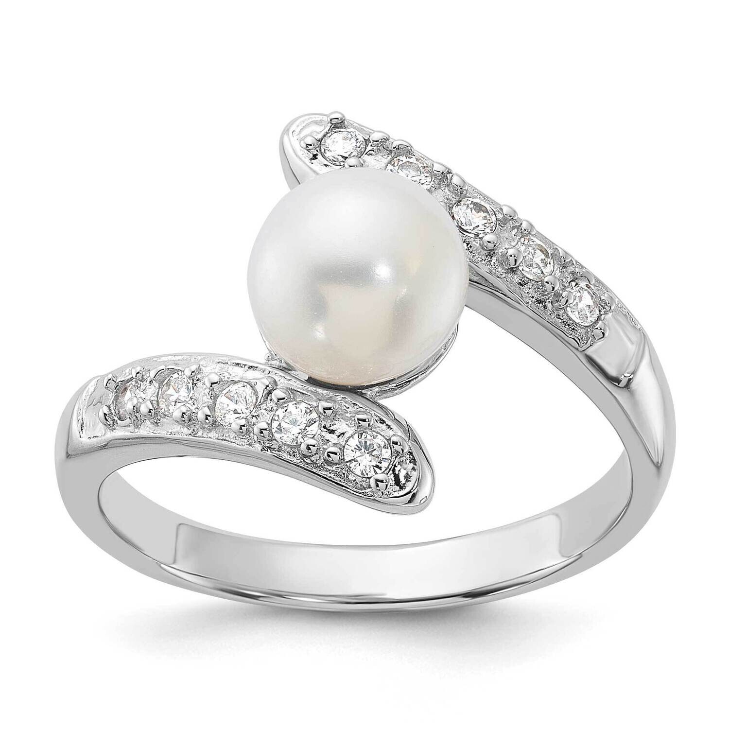 6-7mm White Fwc Pearl CZ Bypass Ring Sterling Silver Rhodium-Plated QR7602