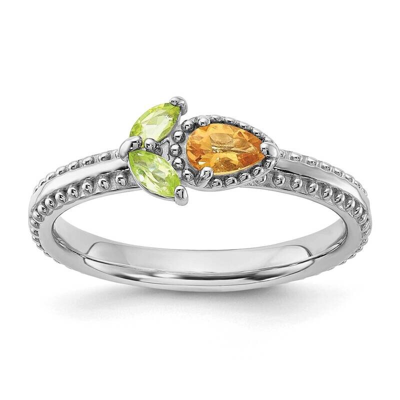 Stackable Expressions Rhodium-Plated Textured Citrine Peridot Flower Ring Sterling Silver QSK2242