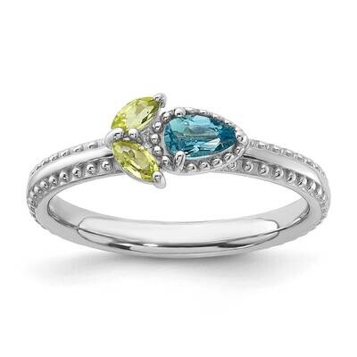 Stackable Expressions Rhodium-Plated Lt Swiss Blue Topaz &amp; Peridot Flower Ring Sterling Silver QSK2…