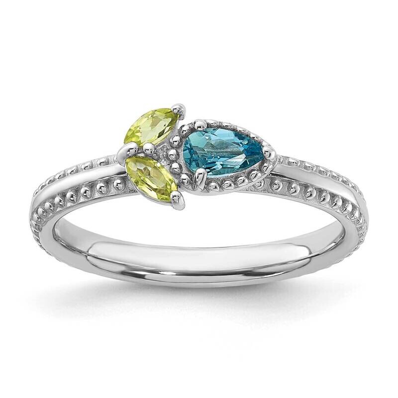 Stackable Expressions Rhodium-Plated Lt Swiss Blue Topaz & Peridot Flower Ring Sterling Silver QSK2243