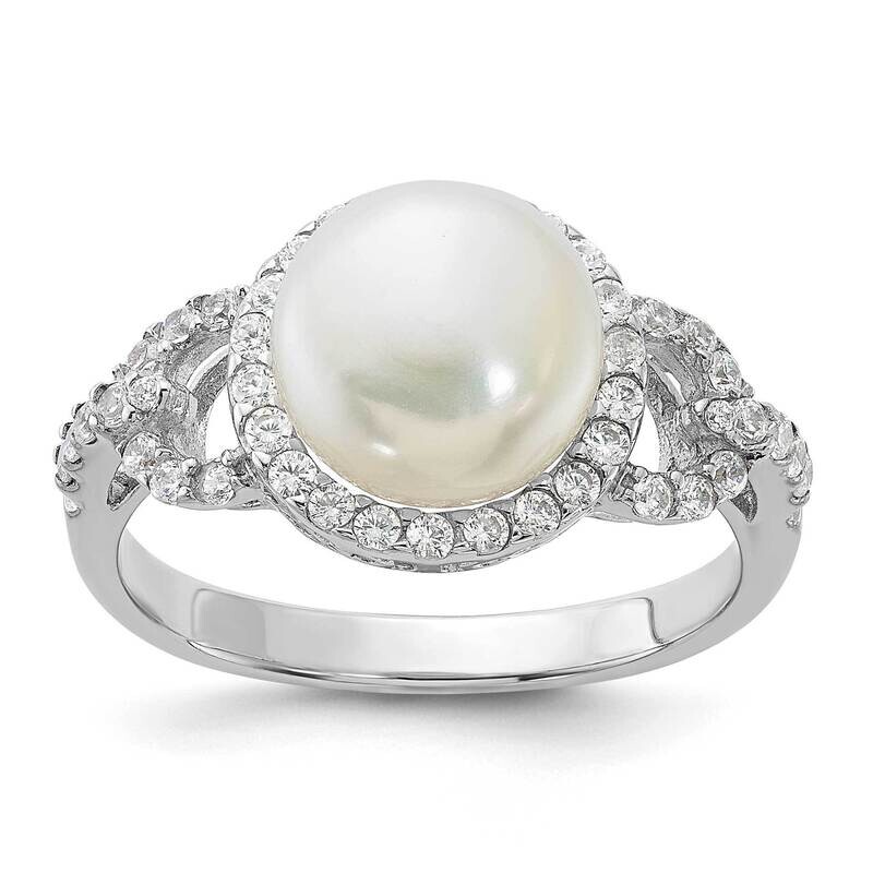 9-10mm White Fwc Pearl CZ Ring Sterling Silver Rhodium-Plated QR7597