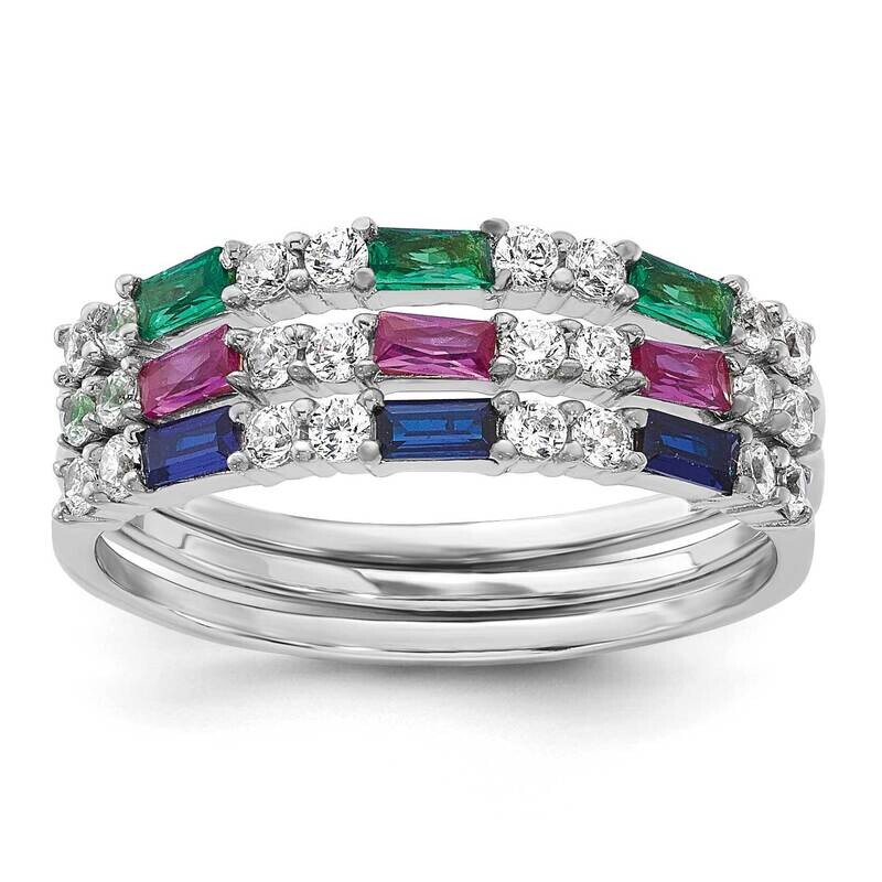 Green Red Blue CZ 3 Ring Set Sterling Silver Rhodium-Plated QR7617