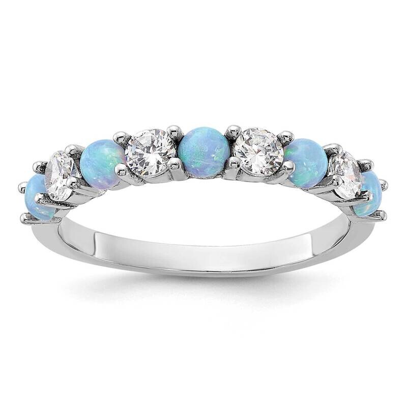 Blue Created Opal CZ Ring Sterling Silver Rhodium-Plated QR7613