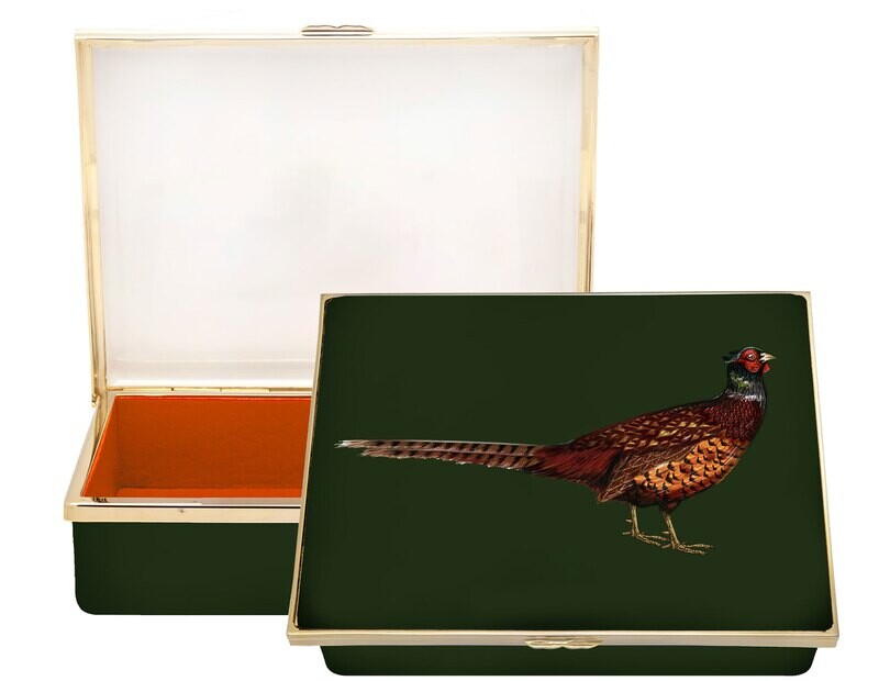 Halcyon Days Woodland Wildlife Pheasant Leather Lined Orange Enamel Box ENWWP0914LG