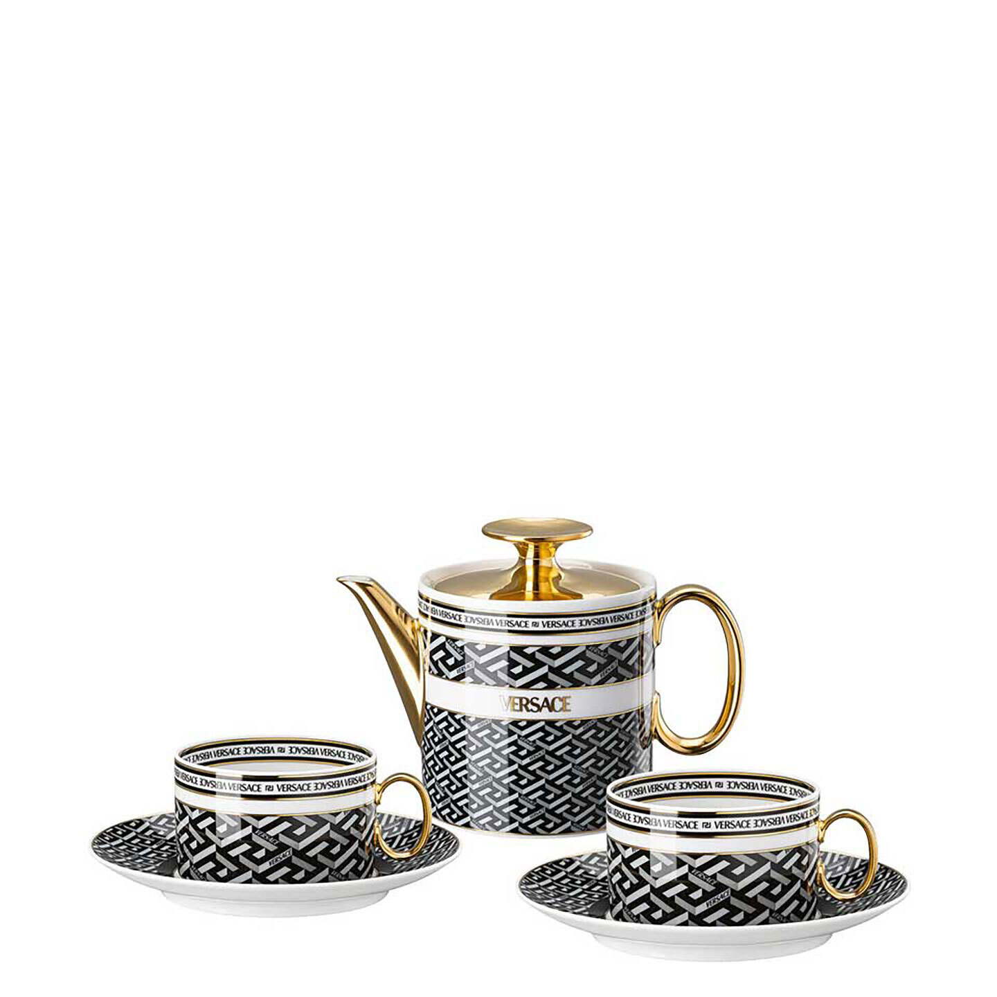 Versace La Greca Signature Black Tea Set for Two Incl. Tea Pot &amp; 2 Tea Cups Saucers 19335-403765-28…