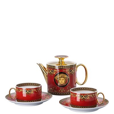 Versace Medusa Red Modern Tea Set for Two Incl. Tea Pot &amp; 2 Tea Cups Saucers 19335-409605-28717, MP…