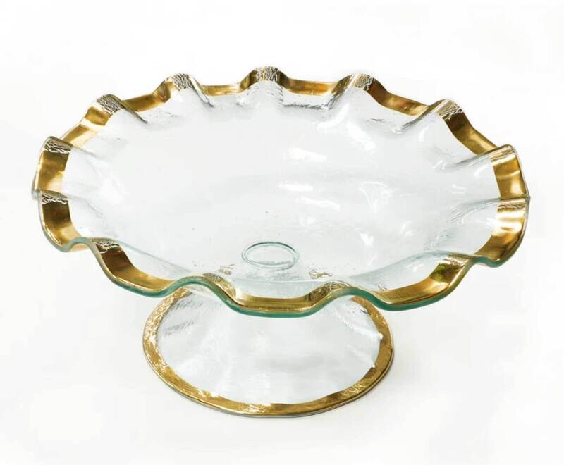Annieglass Ruffle Gold 13 Inch Footed Serving Bowl G182