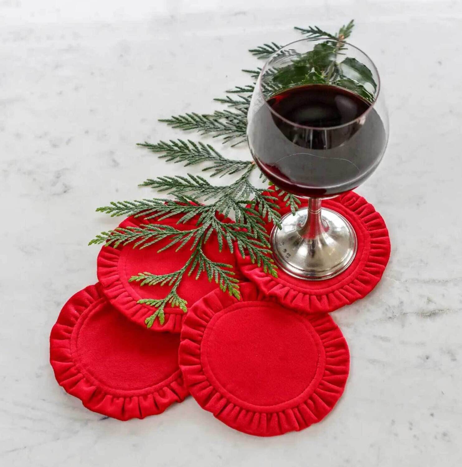 Crown Linen Designs Coaster Set of 4 Round Ruffle Velvet Red C843