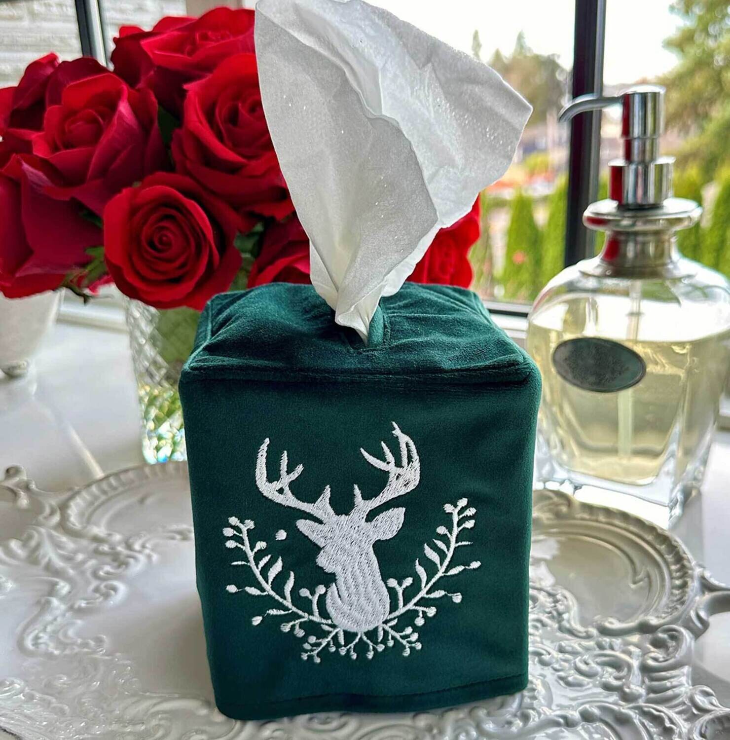 Crown Linen Designs Tissue Box Cover Stag with Holly Berries Velvet Forrest Green White TB8191