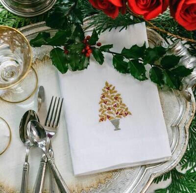 Crown Linen Designs Napkin Tri-Fold Holly Tree White Gold Red FT1210