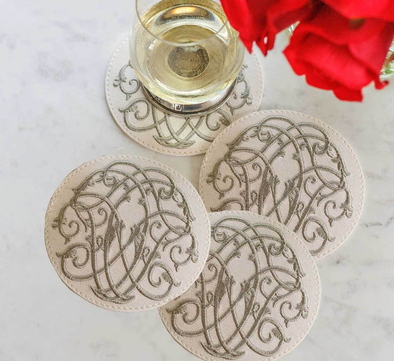 Crown Linen Designs Coaster Set of 4 Palermo Baroque Cream Olive CR611