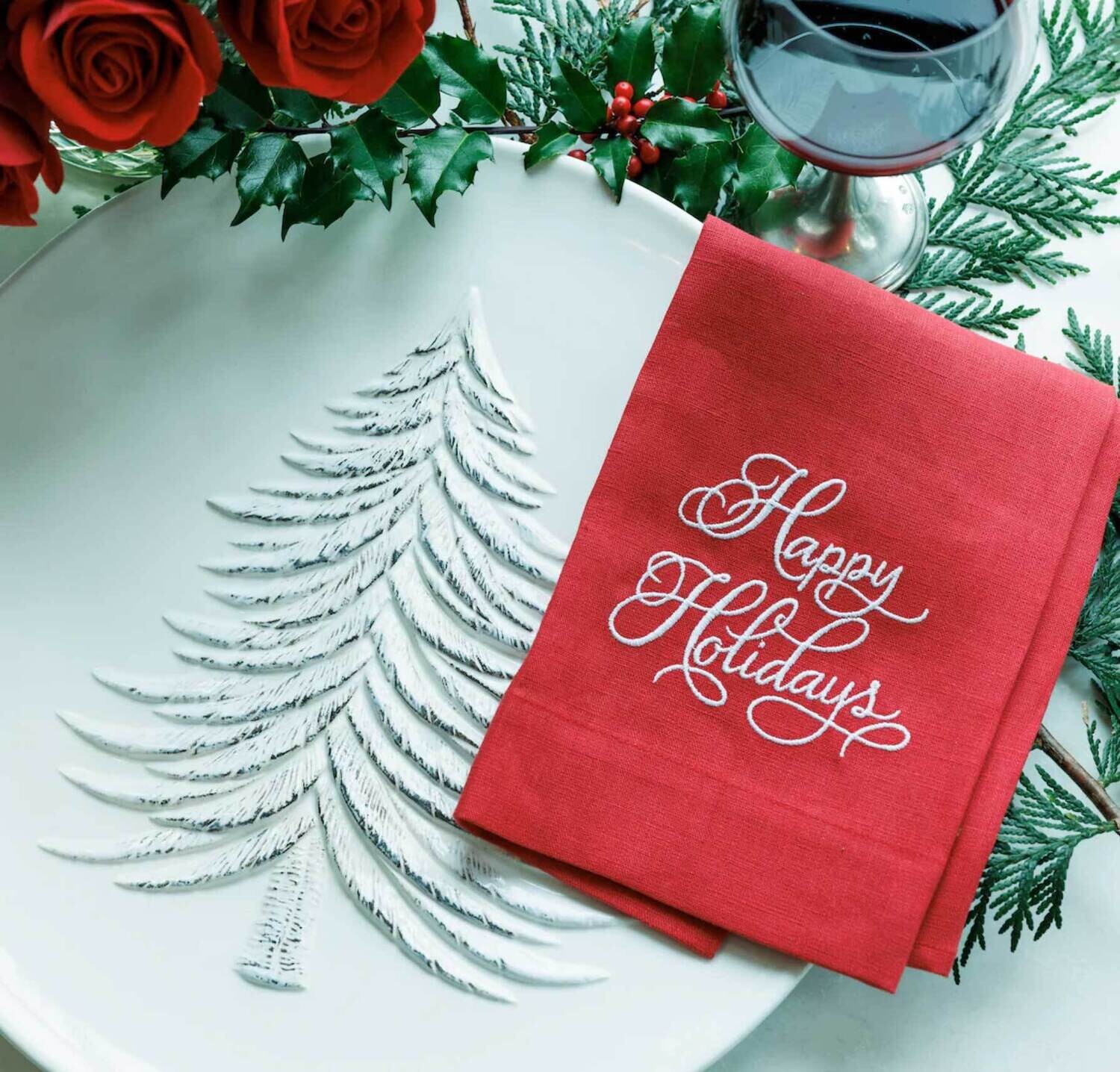 Crown Linen Designs Towel Happy Holidays Red White T9202