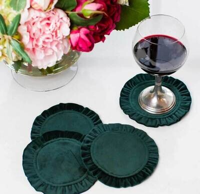 Crown Linen Designs Coaster Set of 4 Round Ruffle Velvet Forest Green C829