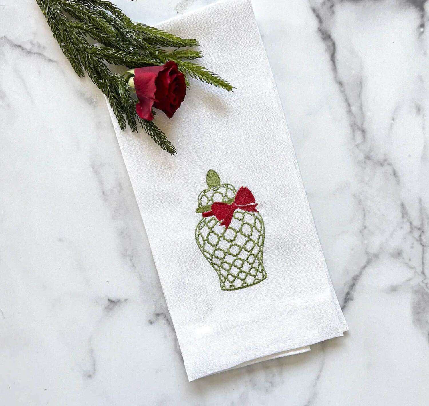 Crown Linen Designs Towel Holiday Ginger Jar White Green Red T1197