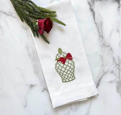 Crown Linen Designs Towel Holiday Ginger Jar White Green Red T1197