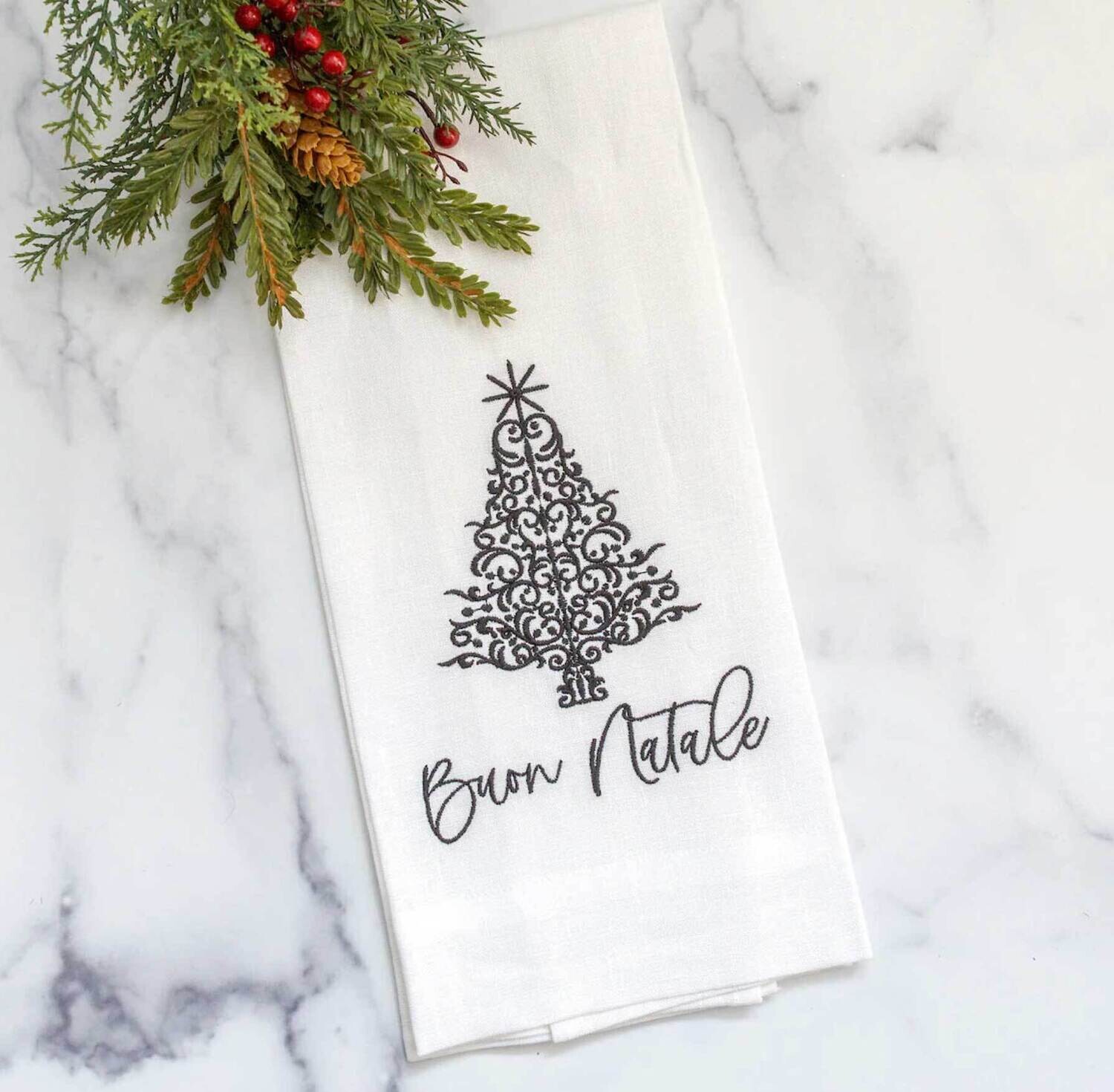 Crown Linen Designs Towel Buon Natale White Black T1067