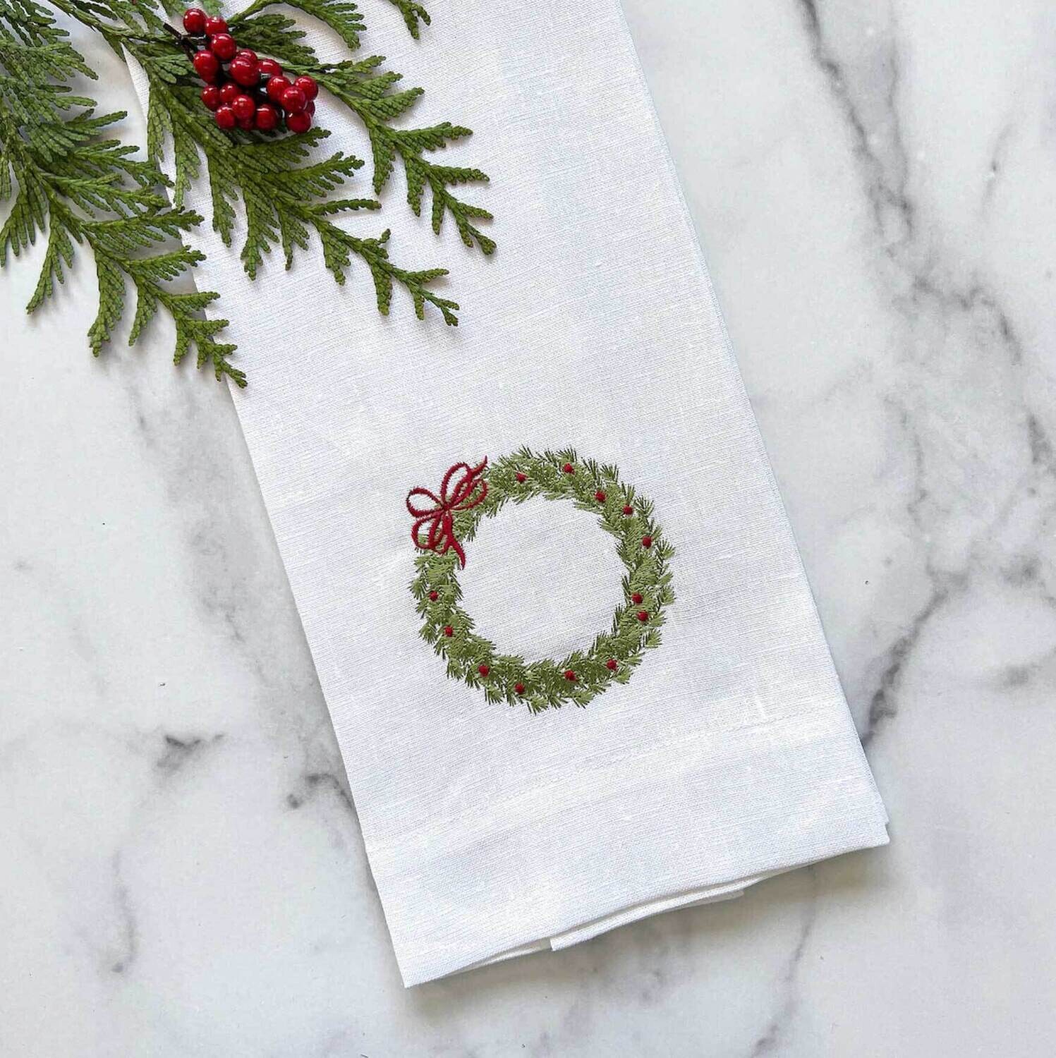 Crown Linen Designs Towel Cedar Berry Wreath White Green Red T1204