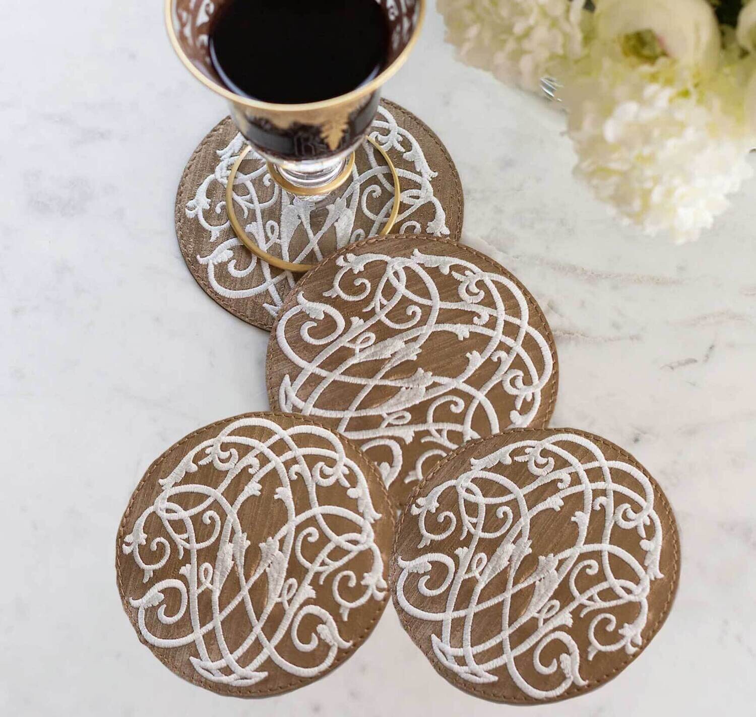 Crown Linen Designs Coaster Set of 4 Palermo Baroque Bronze White CR412
