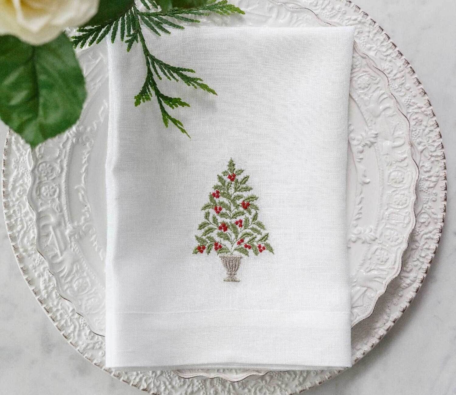 Crown Linen Designs Napkin Tri-Fold Holly Tree White Green Red FT1209
