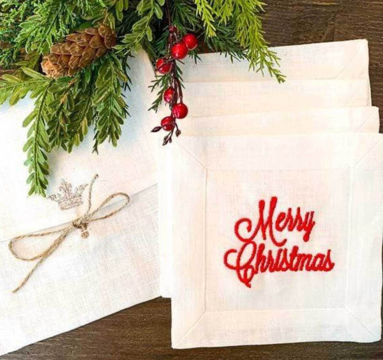 Crown Linen Designs x Cocktail Napkin Set of 4 Merry Christmas White Red C163