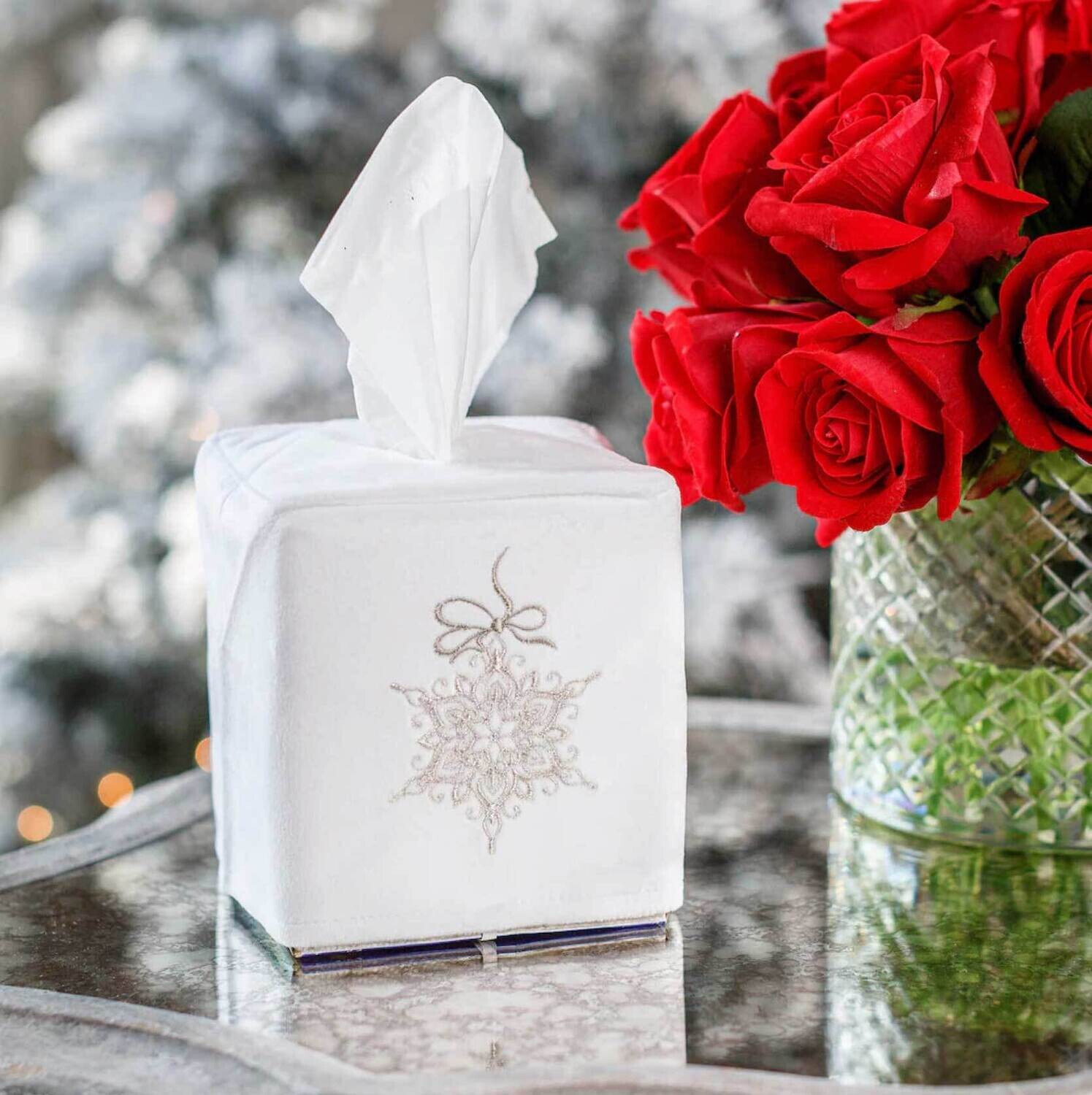 Crown Linen Designs Tissue Box Cover Snowflake Velvet White Platinum TB1203