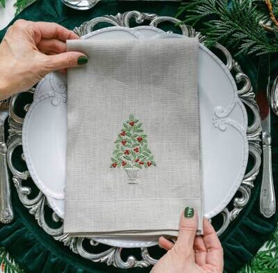 Crown Linen Designs Napkin Tri-Fold Holly Tree Soft Flax Green Red FT2209