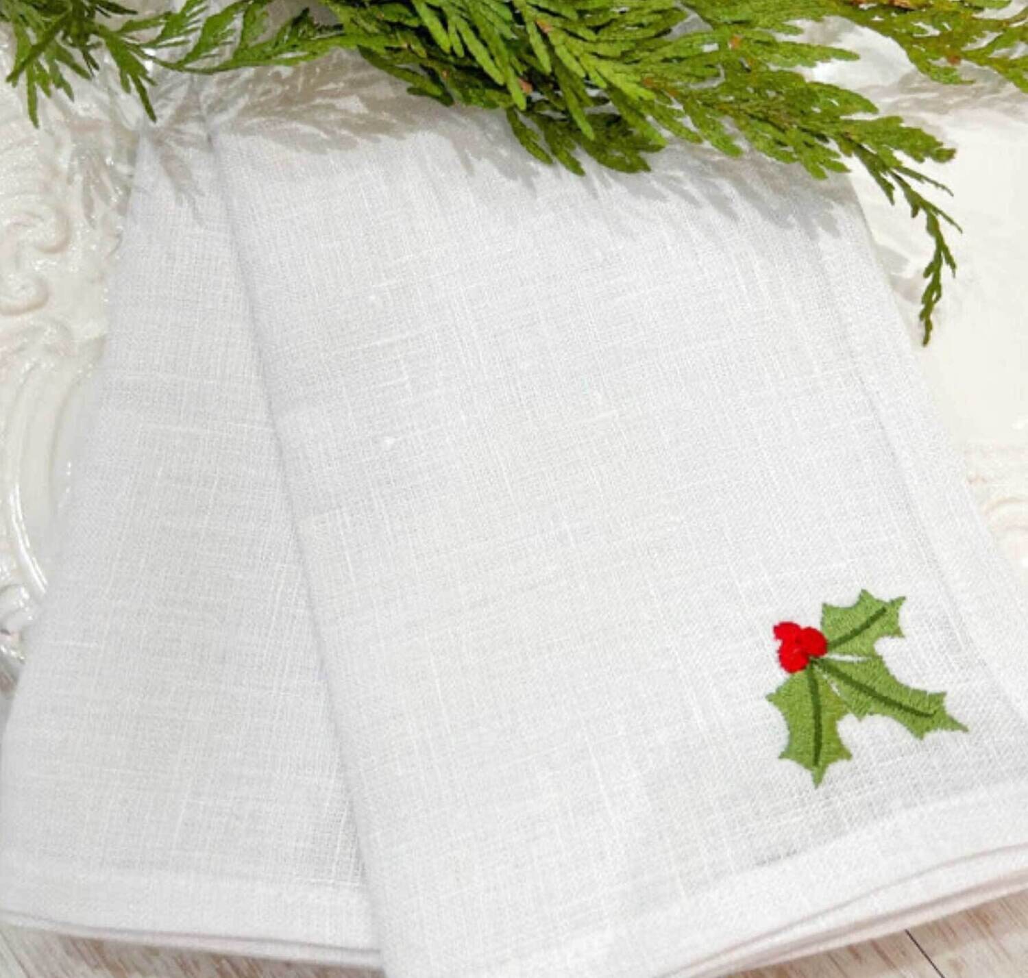 Crown Linen Designs Napkin Set of 4 Washed Linen White Holly NS104
