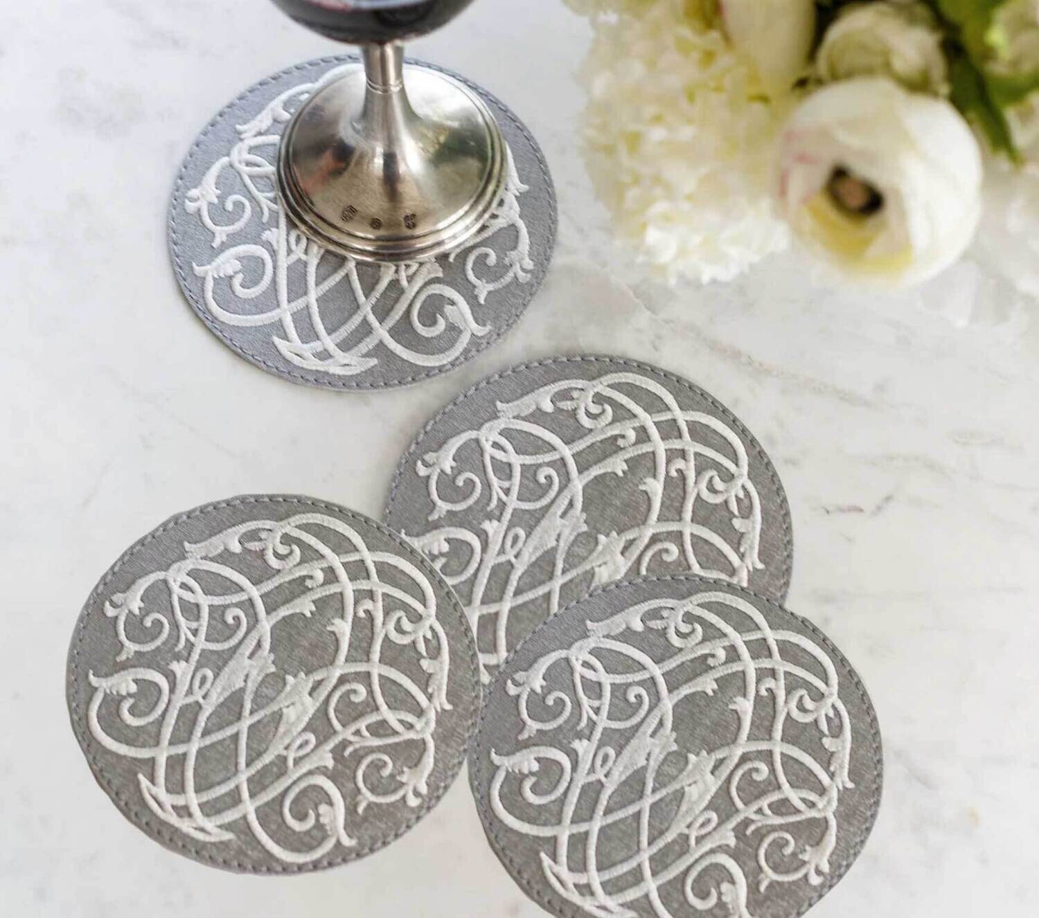 Crown Linen Designs Coaster Set of 4 Palermo Baroque Grey White CR512