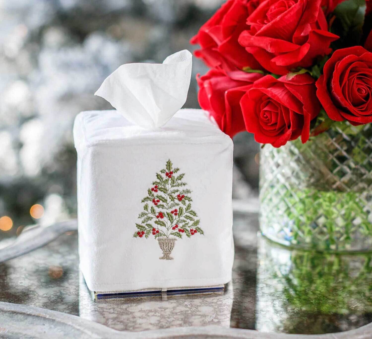 Crown Linen Designs Tissue Box Cover Holly Tree Velvet White Green Red TB1209