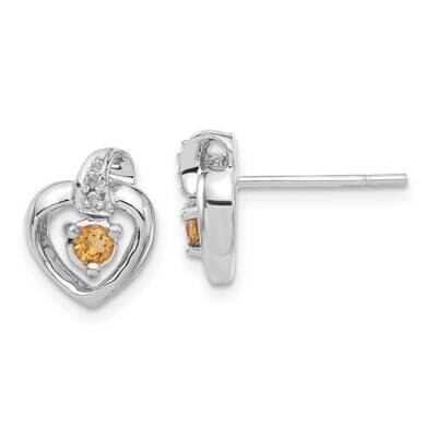 .01ct Diamond &amp; Citrine Birthstone Heart Earrings 14K White Gold  XBS219
