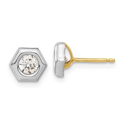 Plated Polished Hexagon CZ Post Ear 14K White Gold  YE210