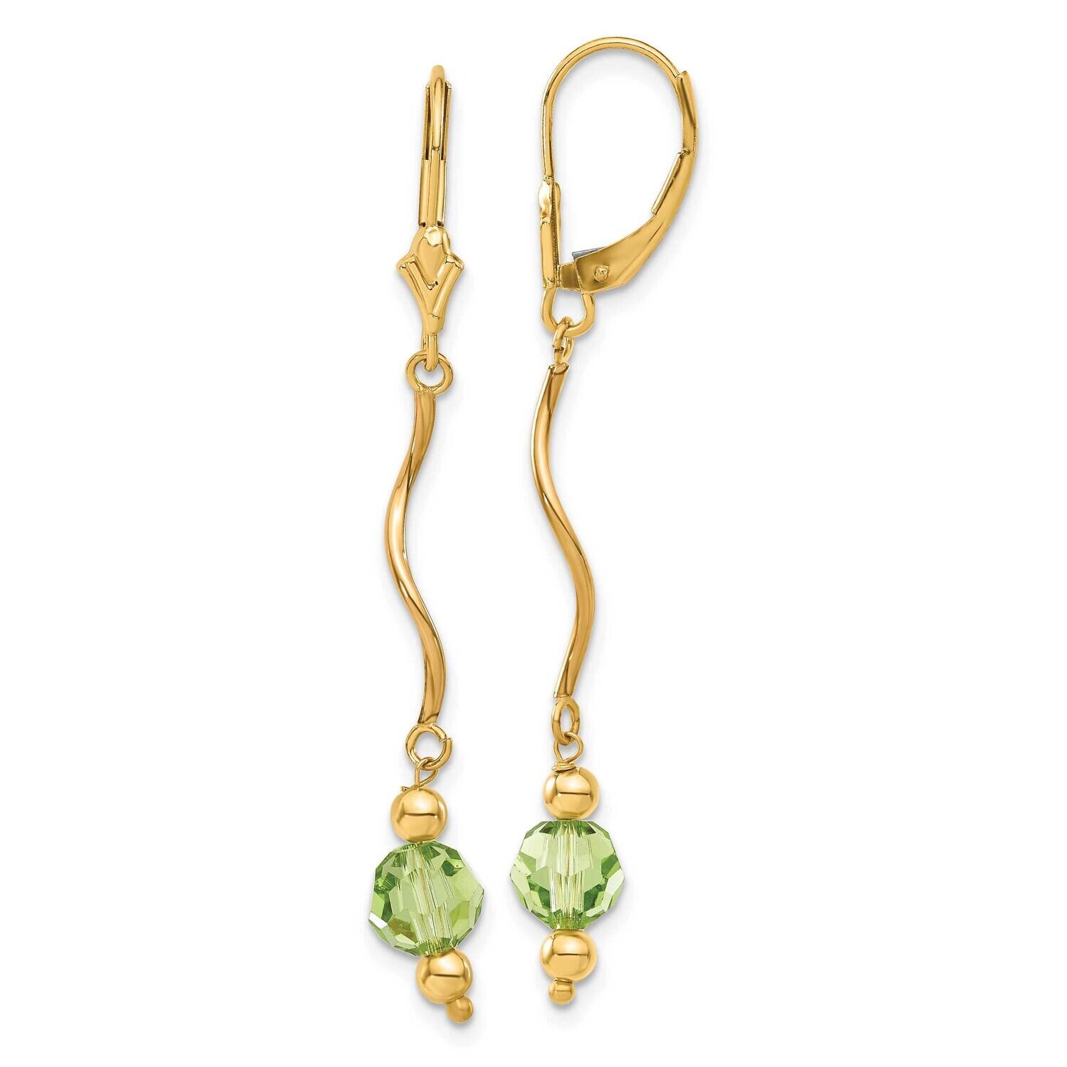 Peridot Colored Crystal Bead Leverback Earrings 14k Gold YE867