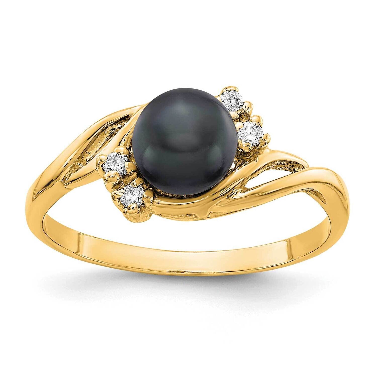 6mm Black Fresh Water Cultured Pearl Diamond Ring 14k Gold Y1923BP/A