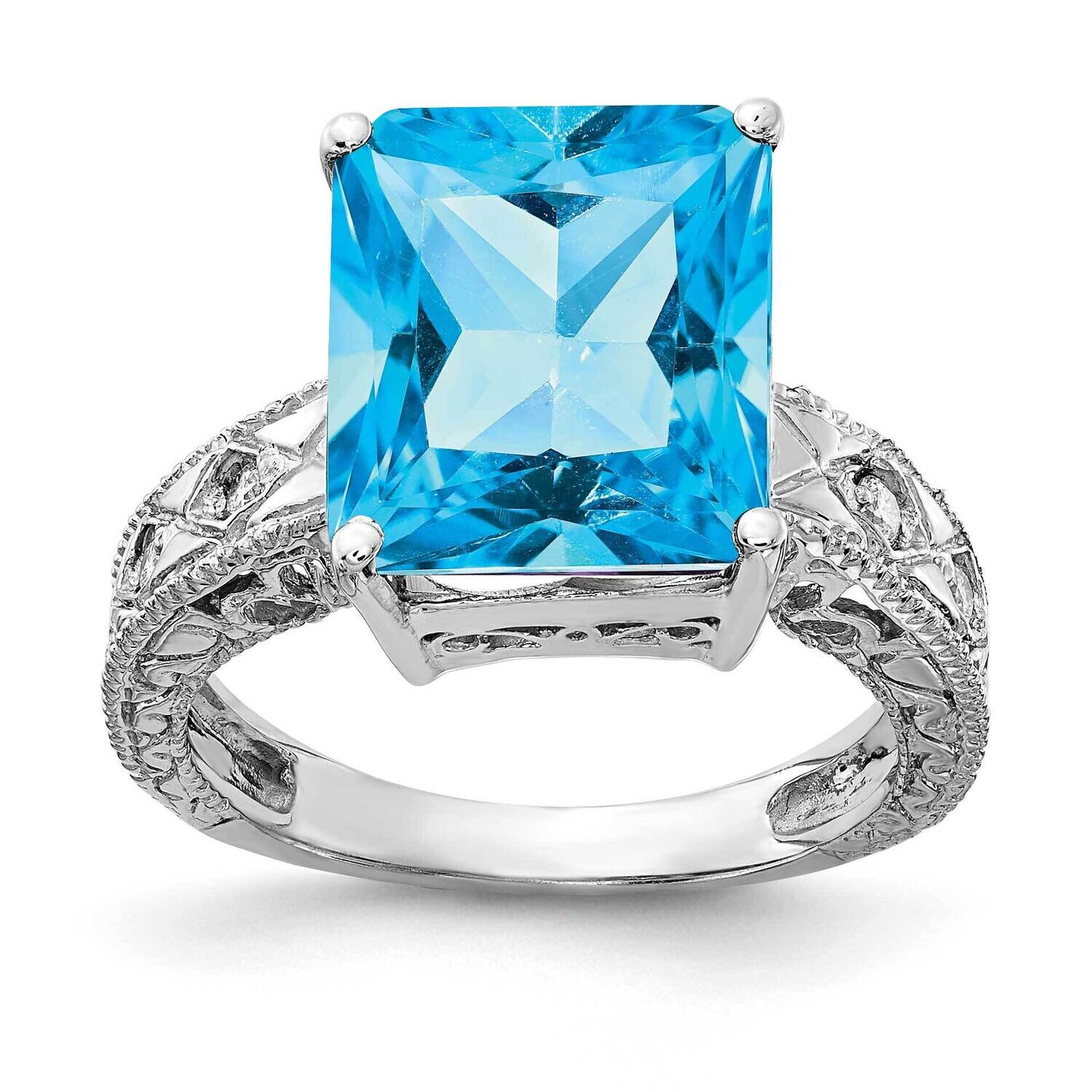 12x10mm Emerald Cut Blue Topaz Diamond Ring 14k white Gold Y2270BT/A