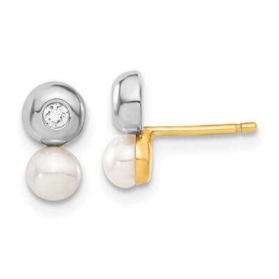 Rhodium Plated FW Cultured Pearl CZ Earrings 14k Gold YE150