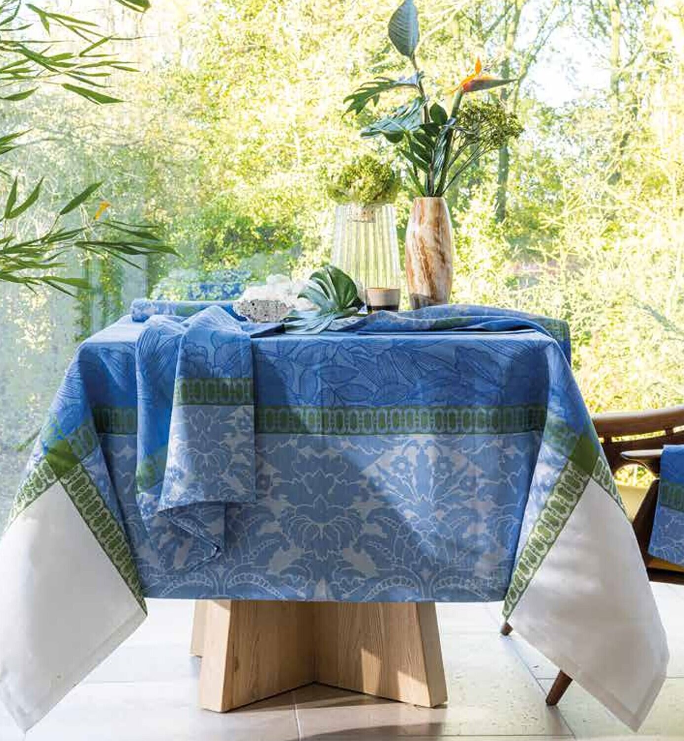 Le Jacquard Francais Escapade Tropicale Blue Tablecloth 69" X 126" 29373