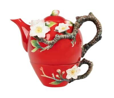 Franz Porcelain Wealth And Prosperity Crabapple Blossom Design Sculptured Porcelain Cup And Pot Set…