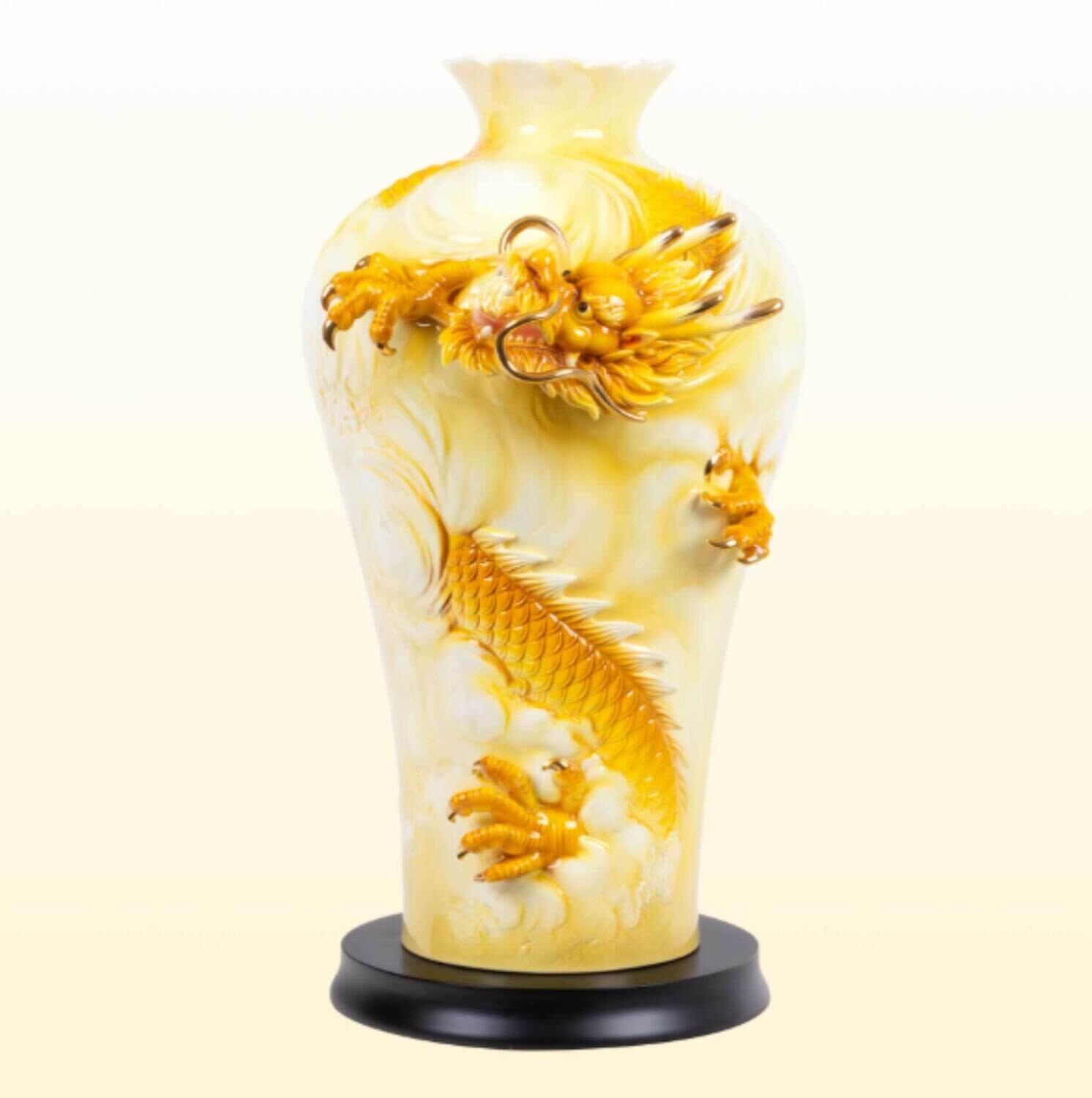 Franz Porcelain Peace And Honor Auspicious Dragon Design Sculptured Porcelain Vase With Wooden Base Limited Edition FZ03968